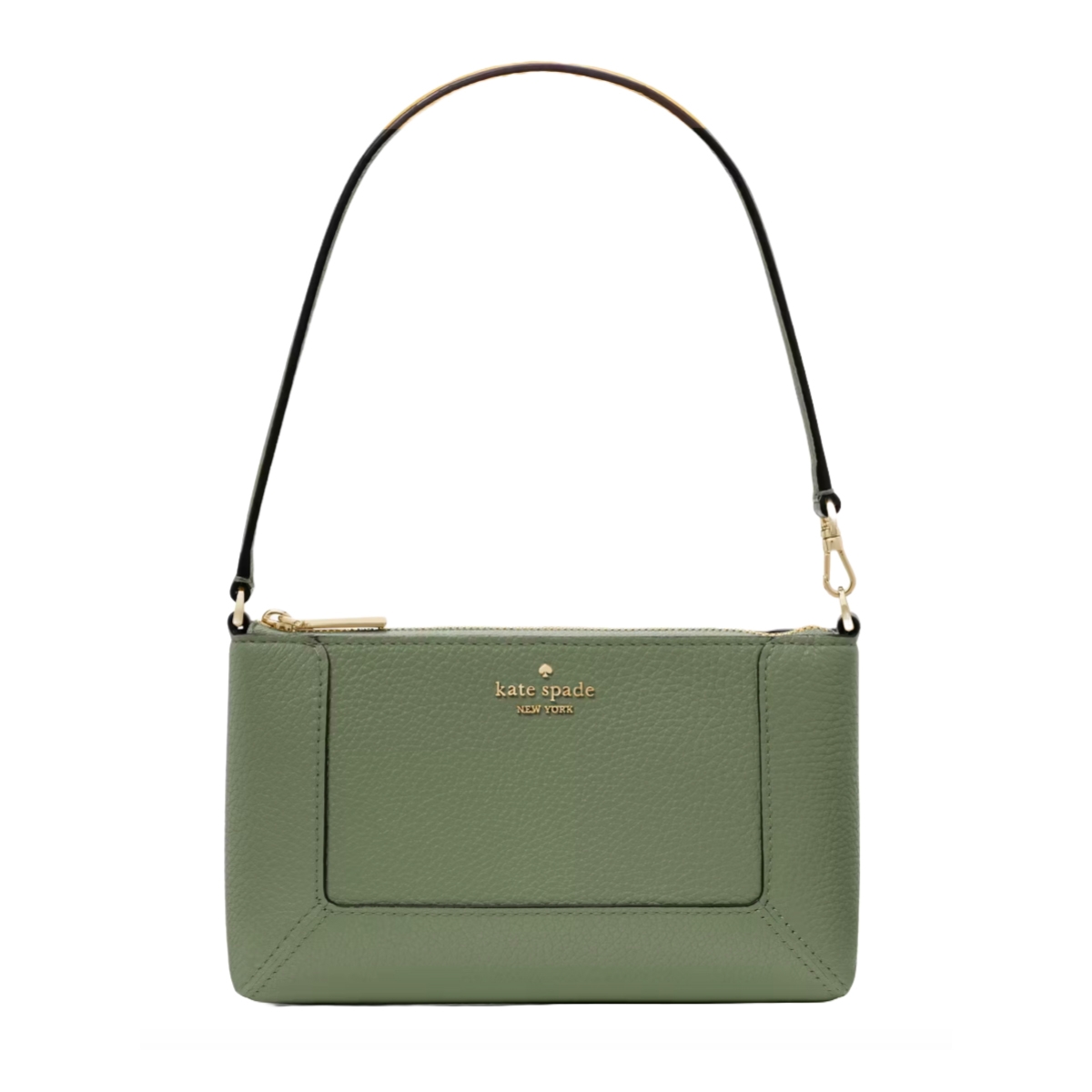 Sage green Kate Spade Lena wristlet with pebble leather texture, front slip pocket, detachable black handle, and gold-tone zipper.