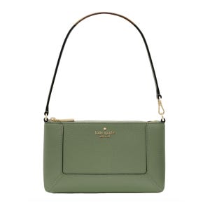 Sage green Kate Spade Lena wristlet with pebble leather texture, front slip pocket, detachable black handle, and gold-tone zipper.