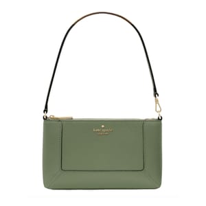 Sage green Kate Spade Lena wristlet with pebble leather texture, front slip pocket, detachable black handle, and gold-tone zipper.