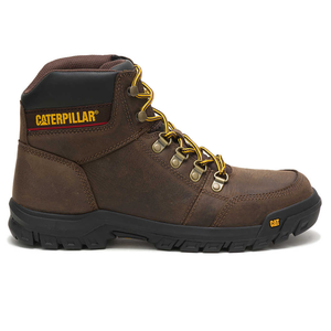 Caterpillar Outline Boots are sturdy, brown leather work boots with a black padded collar, yellow and brown laces, metal eyelets, and a rugged black sole. The brand logo is visible on the side and heel.