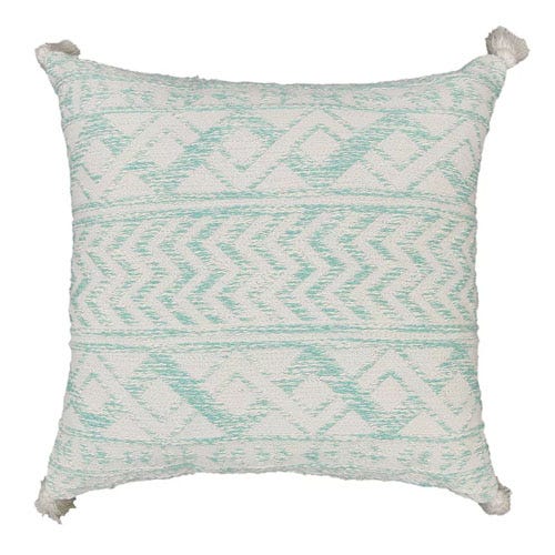 A square decorative pillow with light blue and white geometric patterns, featuring tassels at each corner.