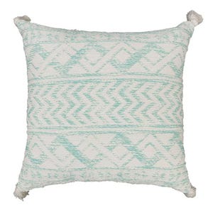 A square decorative pillow with light blue and white geometric patterns, featuring tassels at each corner.
