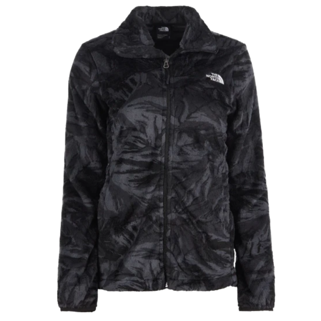 A black, textured fleece jacket with a zipper and high collar, featuring a white logo on the chest.