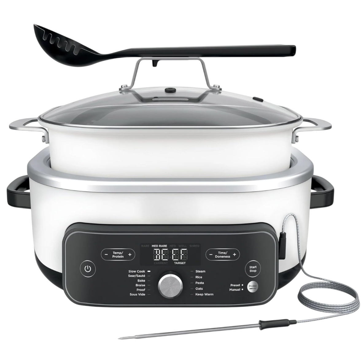 Multi-functional cooker with digital controls featuring modes for slow cooking, searing, baking, and steaming. Includes a glass lid, black ladle, and temperature probe for precise cooking.