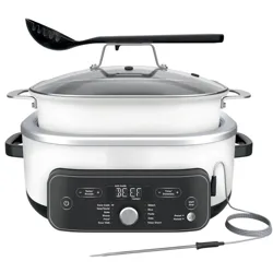 Multi-functional cooker with digital controls featuring modes for slow cooking, searing, baking, and steaming. Includes a glass lid, black ladle, and temperature probe for precise cooking.