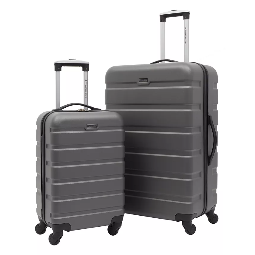 Two gray hardshell suitcases with wheels and extendable handles, one larger and one smaller.