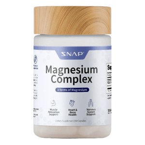 SNAP Magnesium Complex contains 60 capsules with three forms of magnesium, supporting muscle relaxation, heart and bone health, and the nervous system.