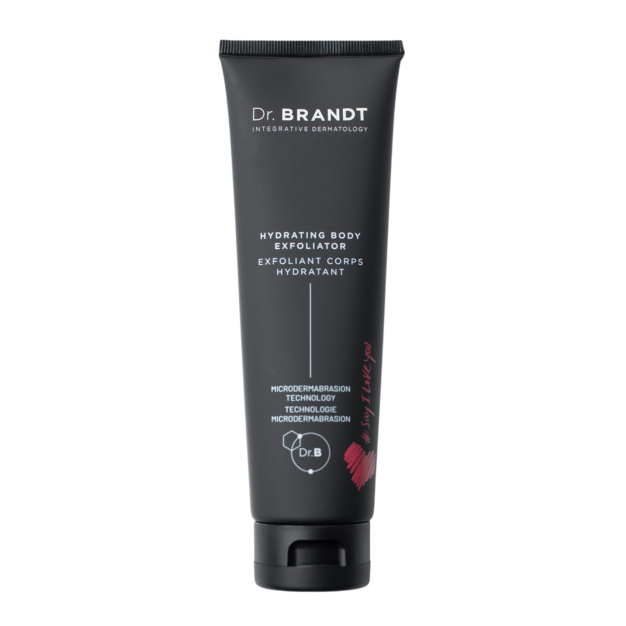 Dr. Brandt Hydrating Body Exfoliator with microdermabrasion technology, featuring a black tube with multilingual text and a small heart graphic.