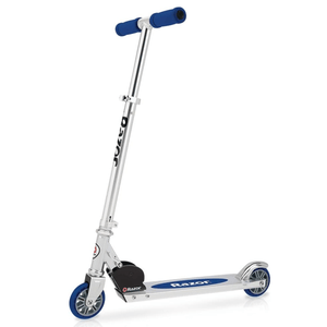 A Razor scooter with a silver frame, blue grips, and blue wheels.