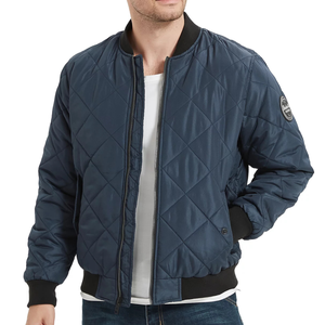 A navy blue quilted bomber jacket by Hawke & Co. featuring a zip front, black ribbed collar and cuffs, and a logo patch on the left sleeve.