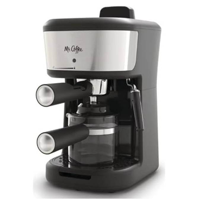 This is a black espresso machine with two spouts and a coffee carafe.