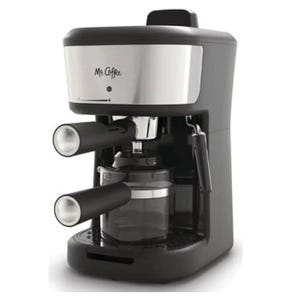 This is a black espresso machine with two spouts and a coffee carafe.