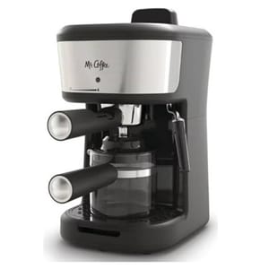 This is a black espresso machine with two spouts and a coffee carafe.