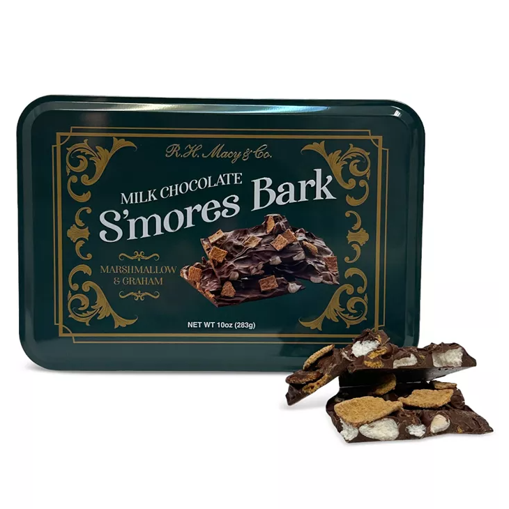 R.H. Macy & Co. Milk Chocolate S'mores Bark, featuring marshmallow and graham, is packaged in a decorative tin. Net weight: 10 oz (283g).
