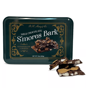 R.H. Macy & Co. Milk Chocolate S'mores Bark, featuring marshmallow and graham, is packaged in a decorative tin. Net weight: 10 oz (283g).