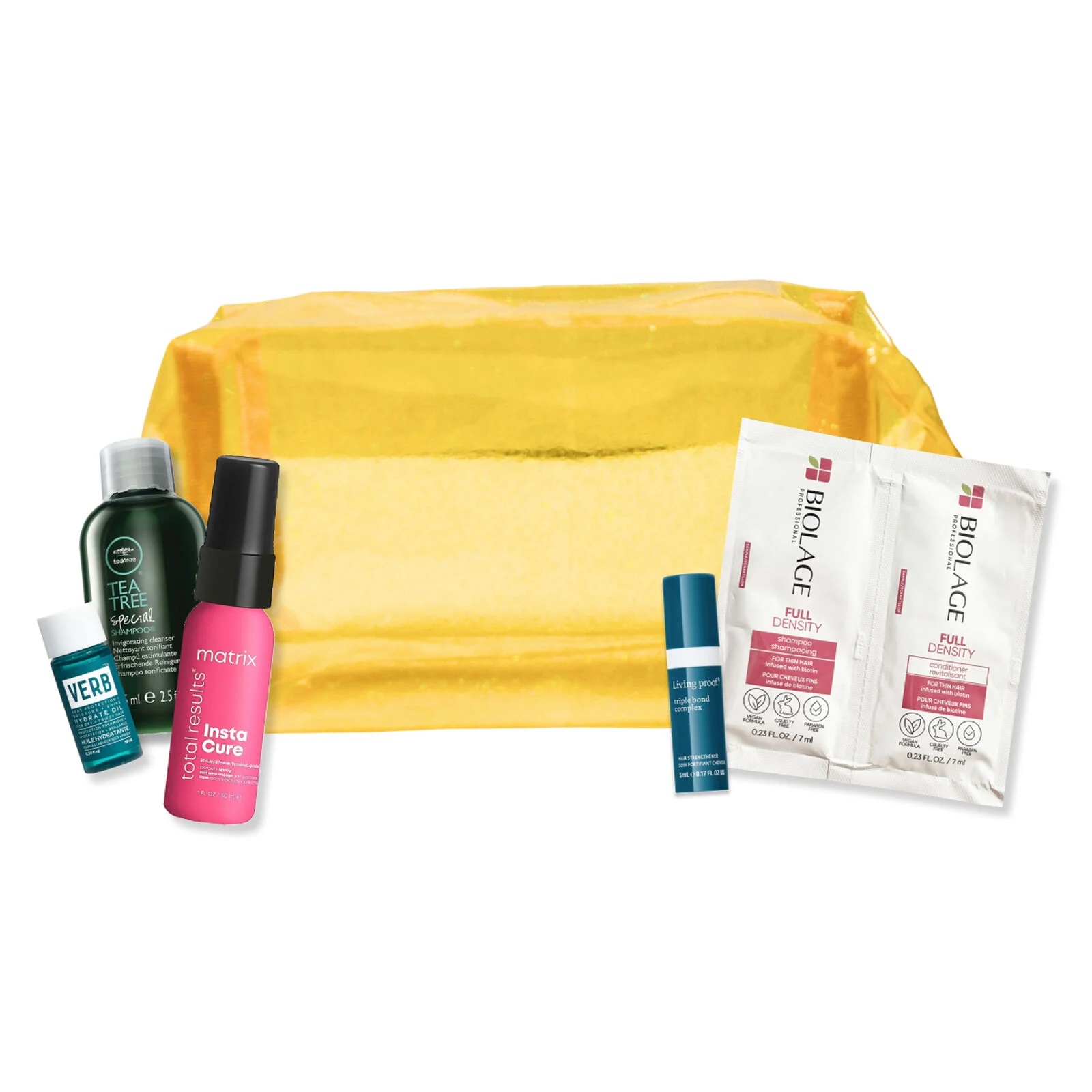 The Beauty Brands Hair Refresh Bundle includes Tea Tree Special Shampoo, Verb Sea Spray, Matrix Total Results Insta Cure, Biolage Full Density Shampoo and Conditioner packets, and Living Proof Restore Perfecting Spray, all stored in a yellow cosmetic bag.