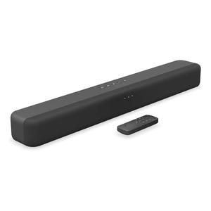 A black soundbar with touch controls and a remote control.