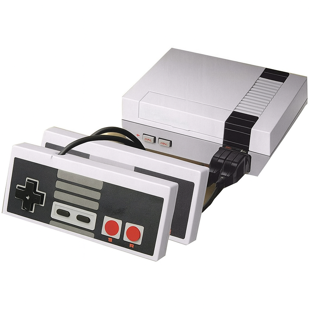 A retro gaming console with two classic-style controllers featuring a directional pad and red buttons.