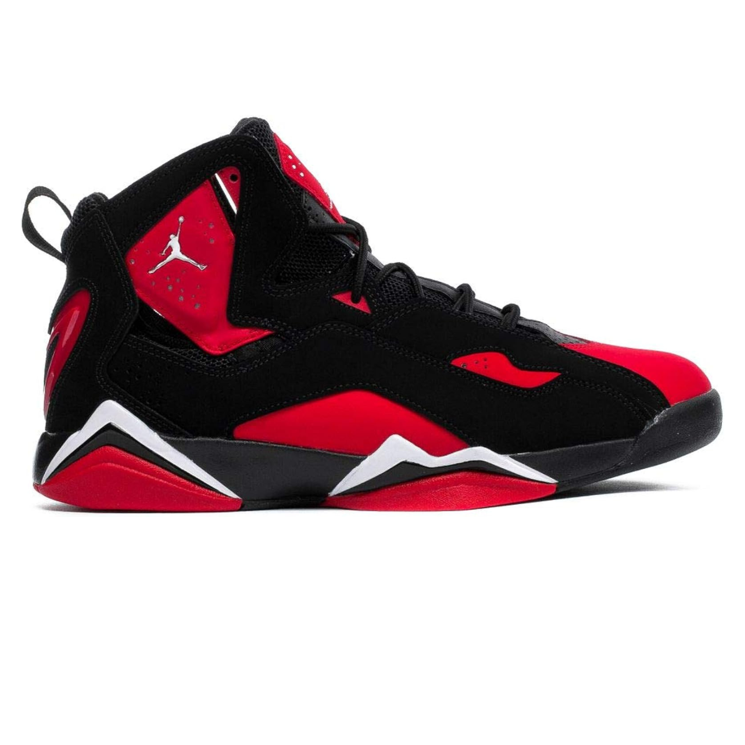 Black and red high-top sneakers with a dynamic design, featuring a white Jumpman logo on the side, angular patterns on the midsole, and a loop on the heel for easy wear.