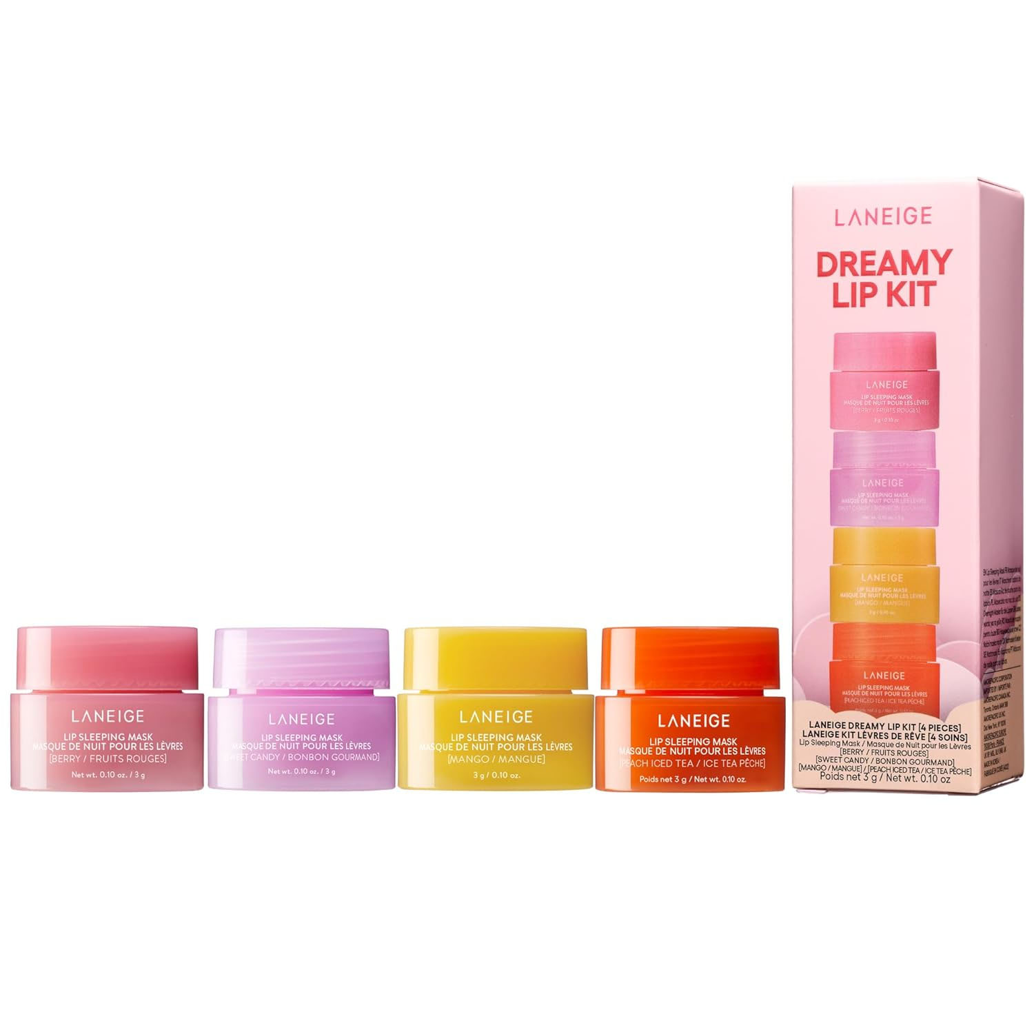 Laneige Dreamy Lip Kit includes four mini lip sleeping masks in Berry, Gummy Bear, Mango, and Peach Iced Tea flavors. Each jar contains 3g of product, designed to moisturize and soften lips overnight.