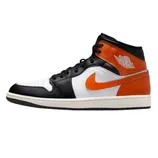 A black, white, and orange Air Jordan 1 Mid sneaker featuring the iconic Nike swoosh and Air Jordan wings logo.