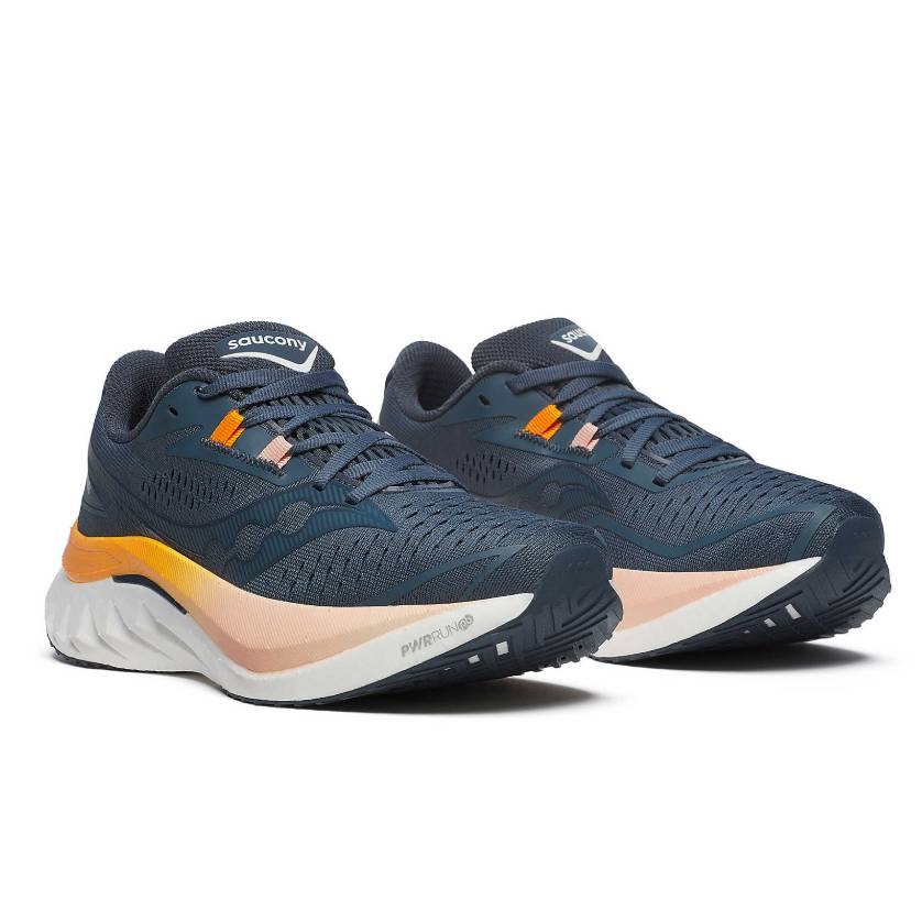 Saucony Endorphin Speed 4 Running Shoes feature a sleek blue design with orange and beige accents, incorporating PWRRUN midsole technology for enhanced cushioning and performance. Suitable for athletes seeking both style and functionality.