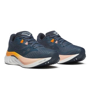 Saucony Endorphin Speed 4 Running Shoes feature a sleek blue design with orange and beige accents, incorporating PWRRUN midsole technology for enhanced cushioning and performance. Suitable for athletes seeking both style and functionality.