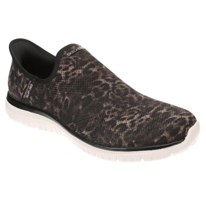 Slip-on sneaker with a leopard print design, from Skechers, featuring a breathable mesh upper and a white flexible sole.