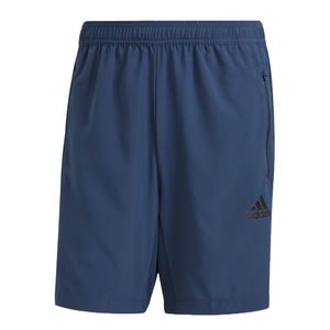 Blue Adidas Aeroready shorts featuring an elastic waistband, zippered side pocket, and the Adidas logo on the lower leg.