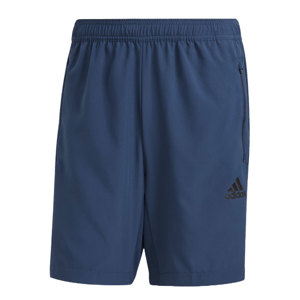 Blue Adidas Aeroready shorts featuring an elastic waistband, zippered side pocket, and the Adidas logo on the lower leg.