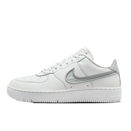 Nike Air Force 1 Dance is a low-top sneaker featuring a white leather upper with a metallic silver Swoosh and accents, perforated toe box, and white rubber sole with \“AIR\“ branding.