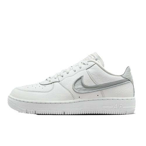 Nike Air Force 1 Dance is a low-top sneaker featuring a white leather upper with a metallic silver Swoosh and accents, perforated toe box, and white rubber sole with \“AIR\“ branding.