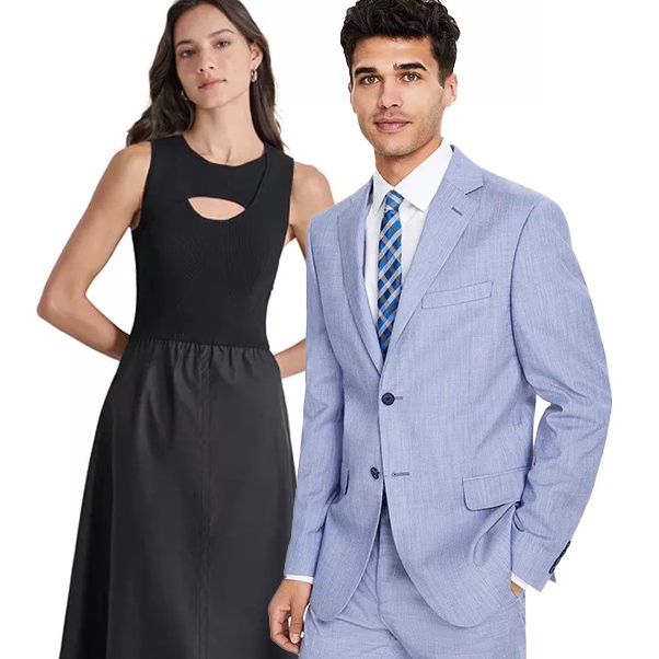 A woman wearing a sleeveless black dress and a man in a light blue suit with a striped tie.