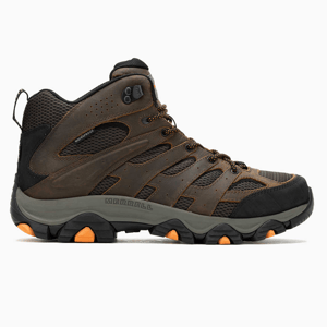 Brown and black hiking boots with mesh panels, a high ankle design, and orange accents on the sole. The Merrell logo is visible on the side.