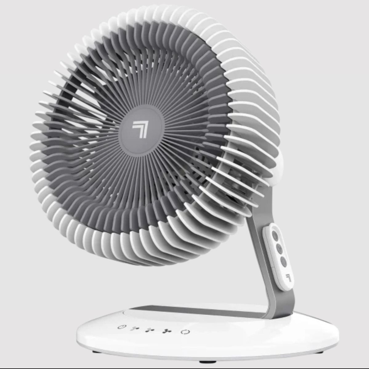 A white oscillating fan with a circular grille, a slim base, and control buttons on the front.