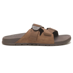 A brown sandal featuring two adjustable straps and a textured footbed for comfort, with a rubber sole for durability.