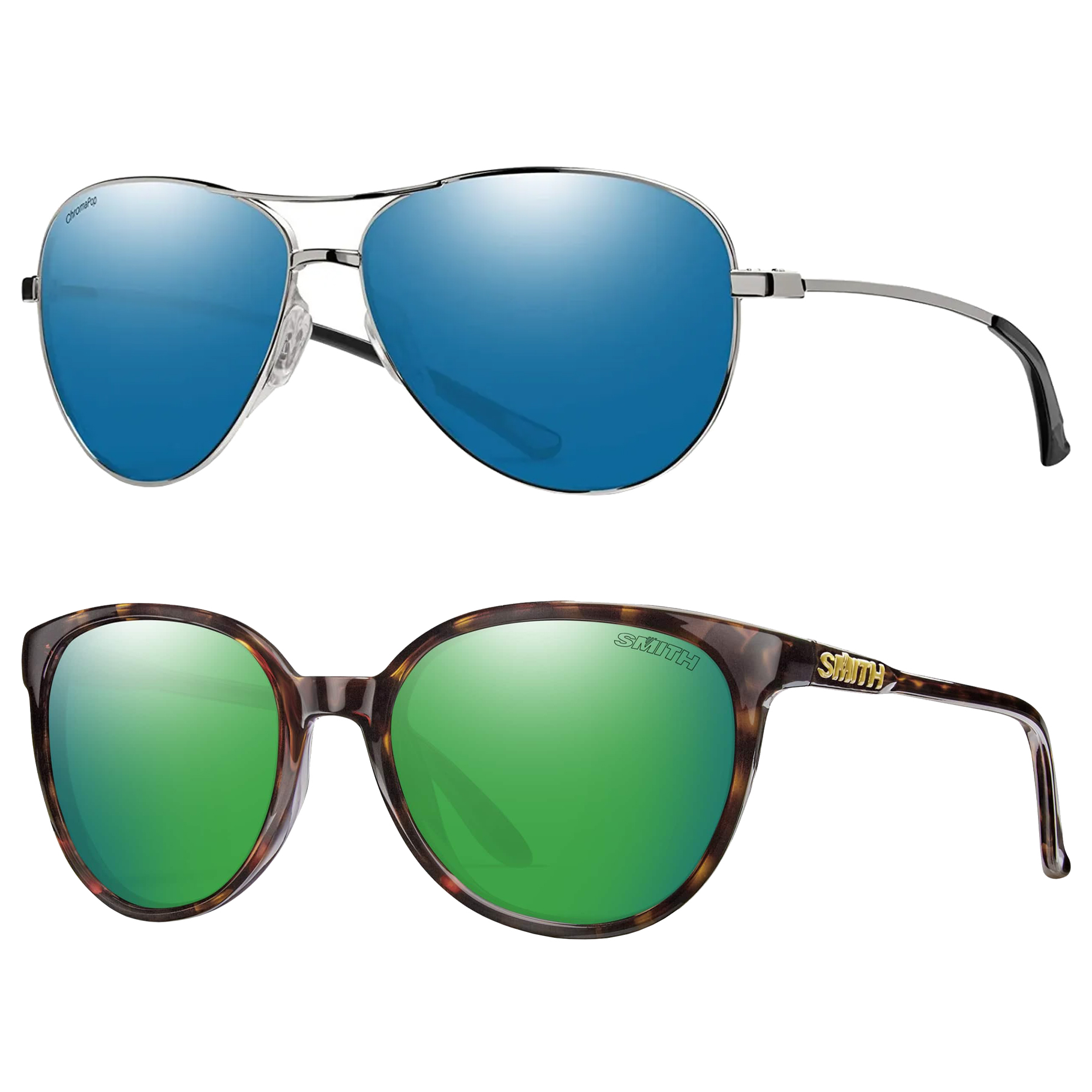 Two pairs of sunglasses, one aviator style with blue lenses, the other, tortoise-shell framed with green lenses.