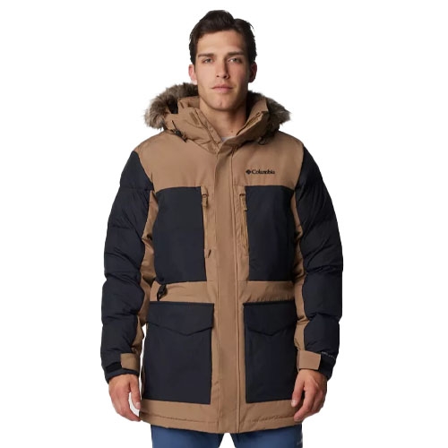 The Columbia Maximum Warmth Parka features a brown and black color scheme with a fur-lined hood. It has multiple large front pockets and is designed for cold weather insulation.