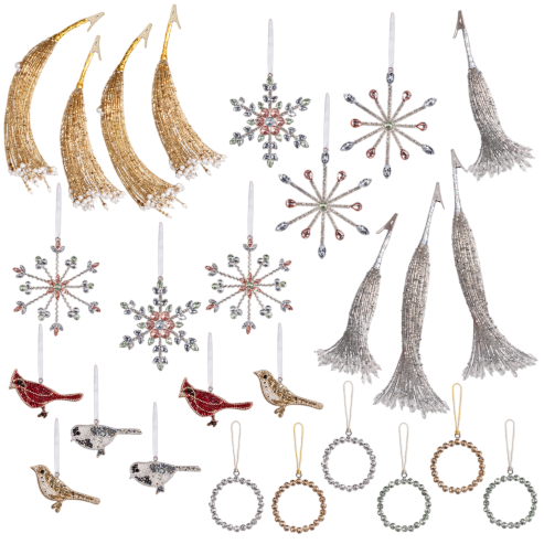 A variety of beaded and glittery holiday ornaments, including crescent shapes, snowflakes, birds, and ring designs in gold, silver, red, and neutral tones.