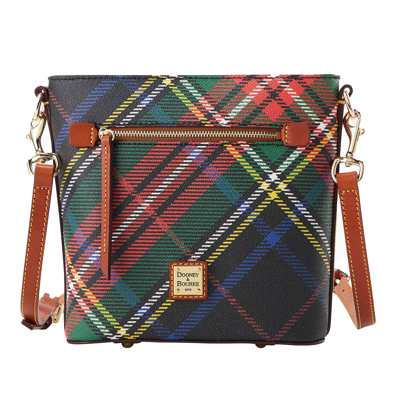 Dooney Plaid Small Zip Crossbody features a multicolored plaid pattern with a front zip pocket, adjustable brown leather strap, and gold-tone hardware. The brand's logo plaque is on the front.