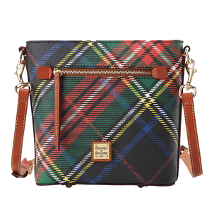Dooney Plaid Small Zip Crossbody features a multicolored plaid pattern with a front zip pocket, adjustable brown leather strap, and gold-tone hardware. The brand's logo plaque is on the front.