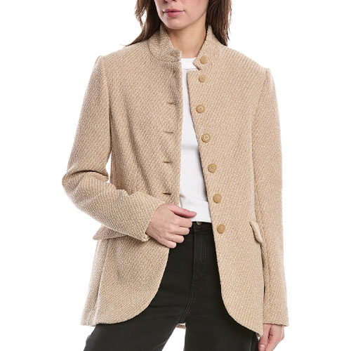 Rag & Bone Sadie Blazer is a light beige, textured jacket featuring a high collar, single-breasted design with buttons, front pockets, and a tailored fit, paired with a white top and black pants.