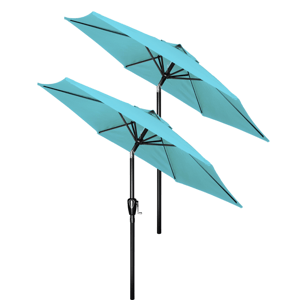 2-pack of blue patio umbrellas, each 7.5 feet in diameter, featuring black poles and crank handles for easy opening and closing.