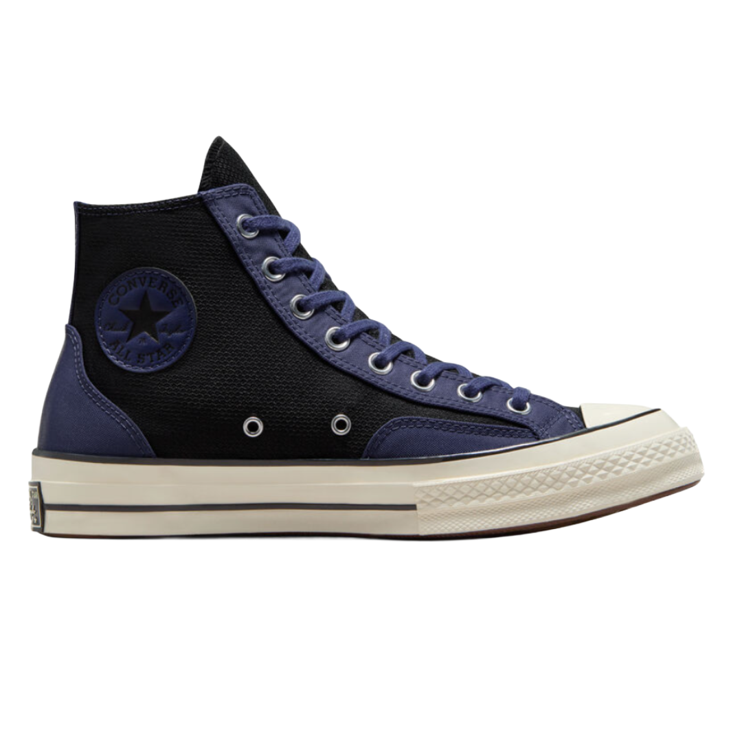 Converse Chuck Taylor All Star high-top sneaker in black and blue with white sole and toe cap, featuring the iconic Converse logo on the side.