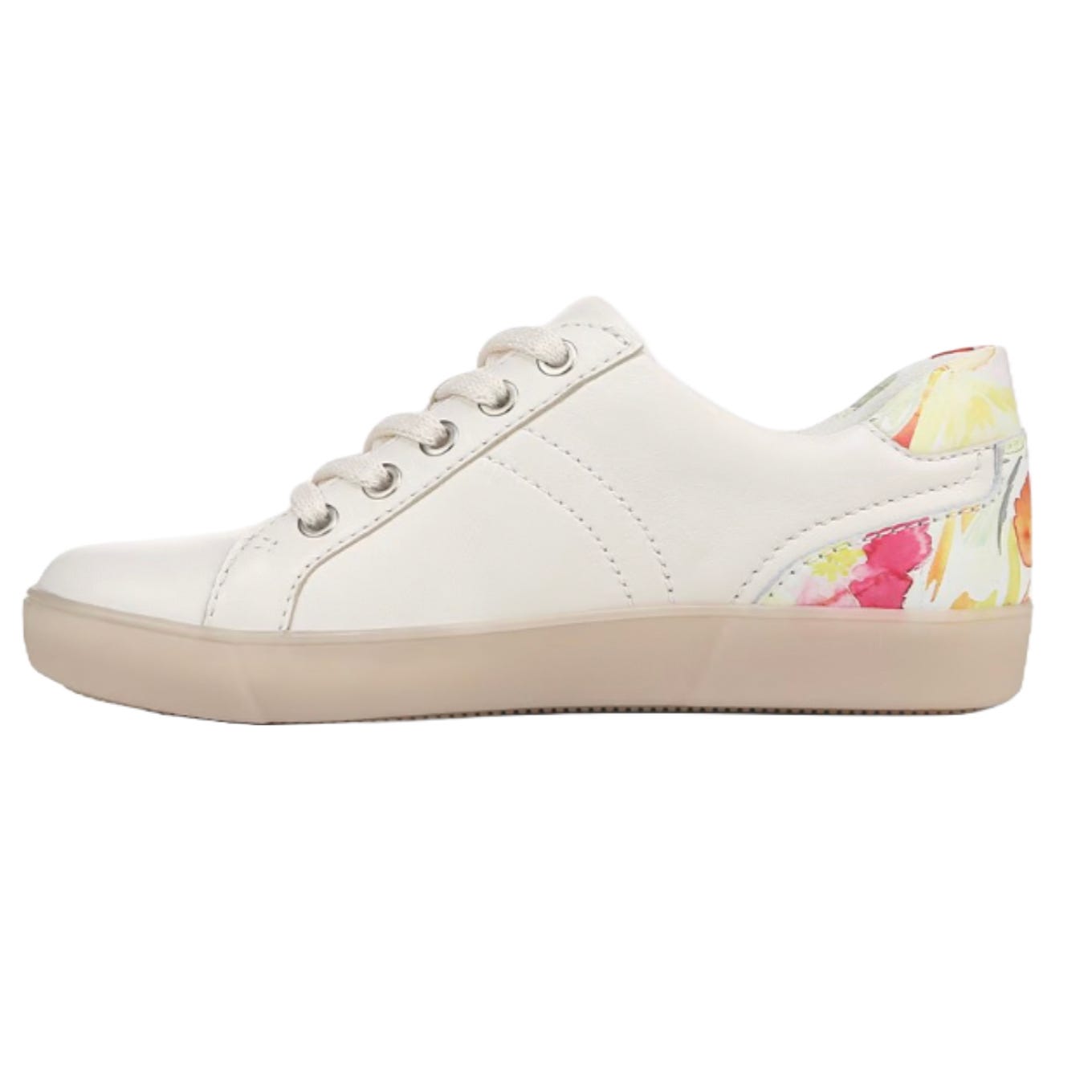 White low-top sneakers with floral accents on the heel, featuring a smooth finish, lace-up design, and a beige rubber sole.