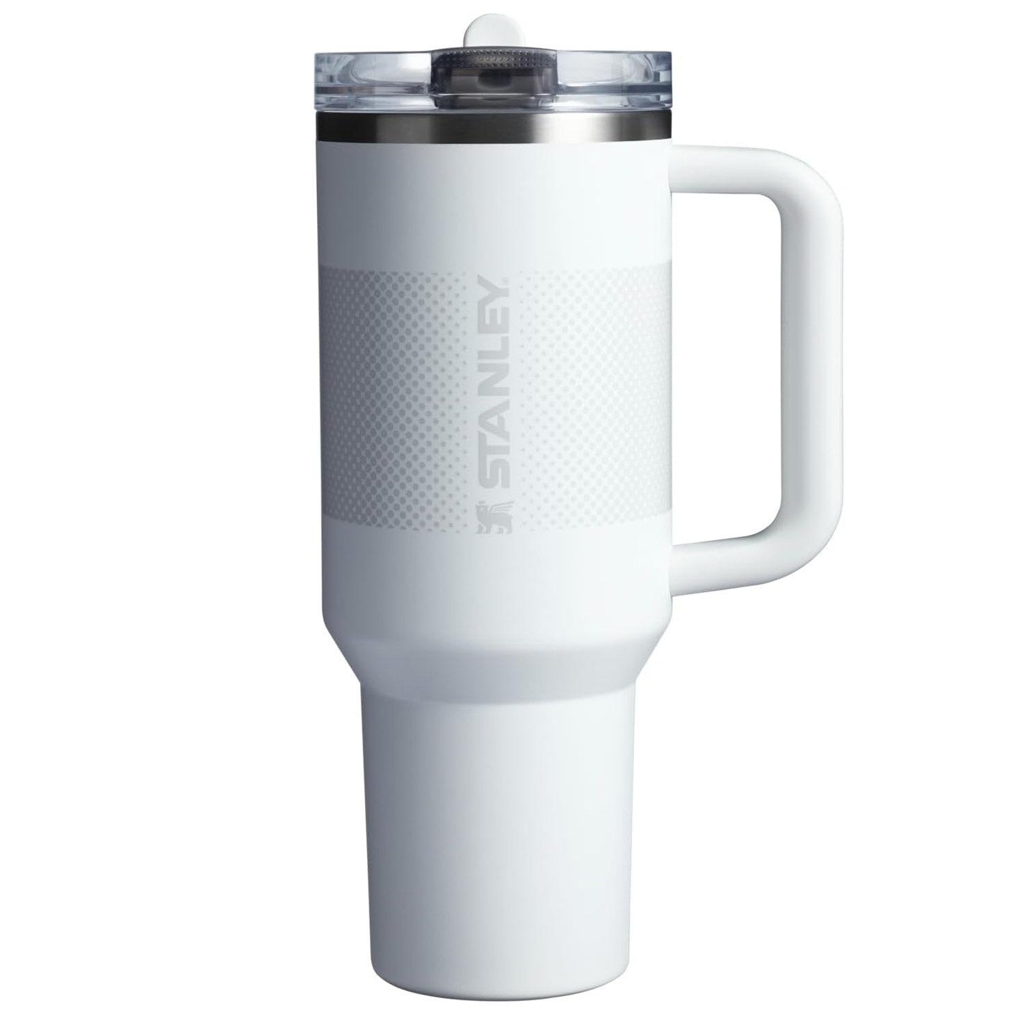 40oz Stanley Flip Straw Tumbler, white, features a durable handle, flip straw lid, and textured grip. Designed for easy carrying and sipping.
