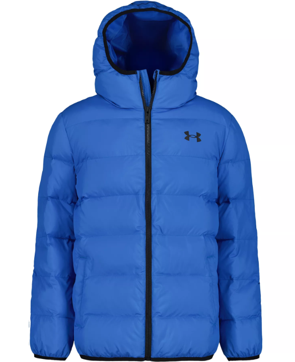 A blue puffer jacket with a hood, featuring a front zipper and the Under Armour logo on the chest.