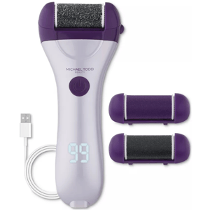 Michael Todd Beauty Smoothing Device is a handheld electric tool for foot care, featuring a digital display, purple and white design, two interchangeable roller heads, and a USB charging cable.