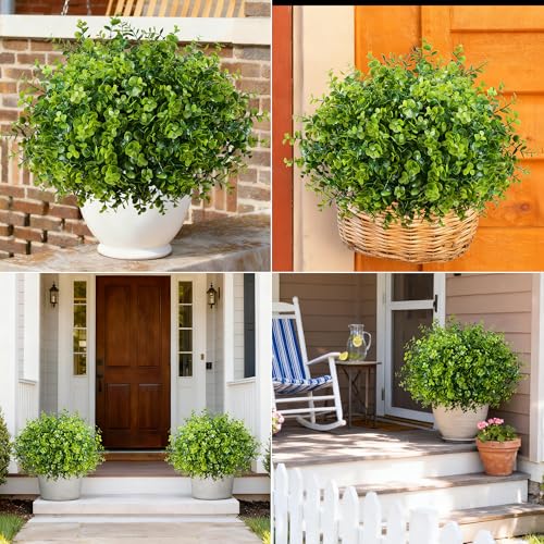 Four images showing lush green artificial boxwood arrangements in various settings—planted in white pots, a wicker basket, and flanking a front door.