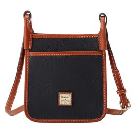 A crossbody bag with a dark pebbled leather body, brown leather trim, and an attached adjustable strap. It features a front pocket and a Dooney & Bourke logo patch.
